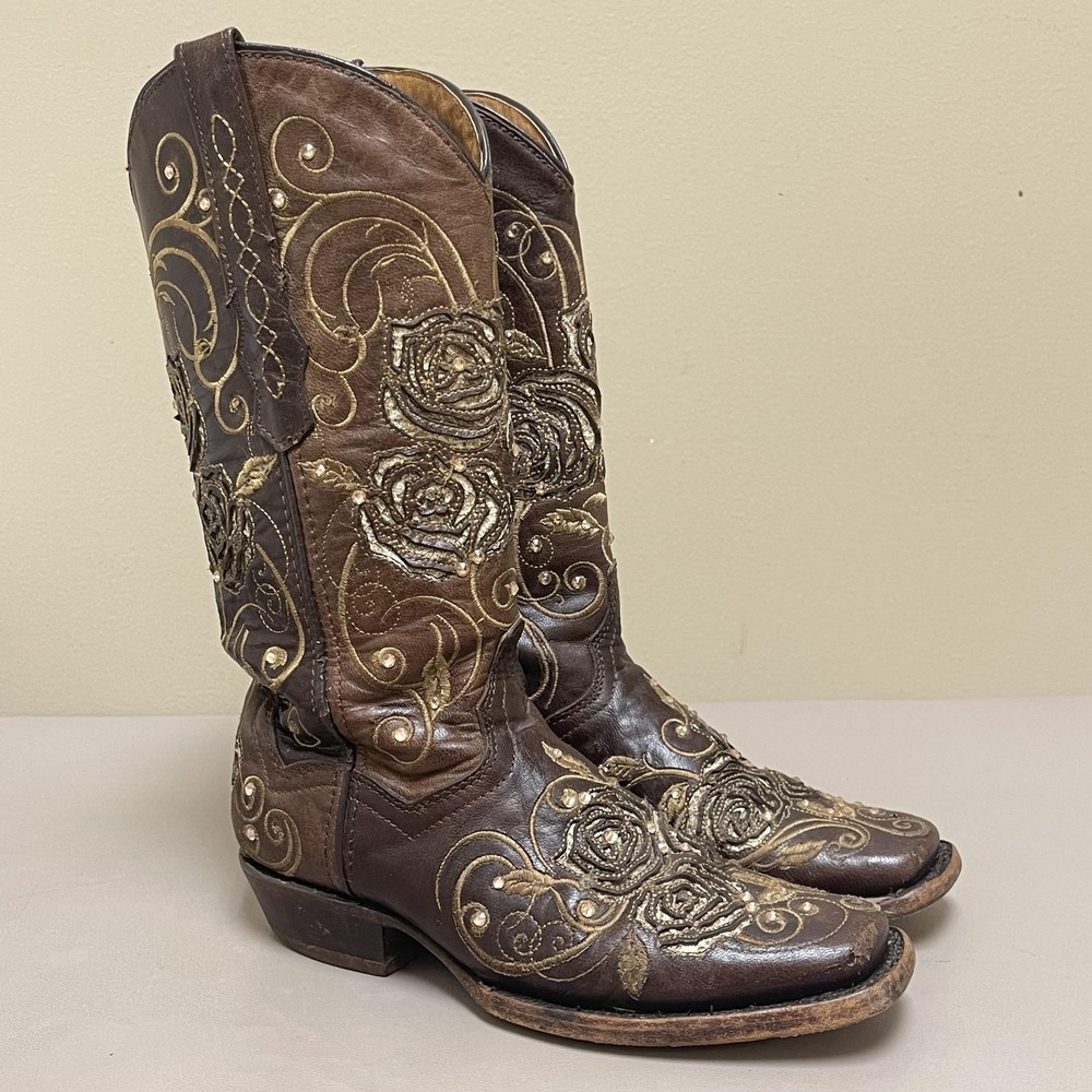 Wildflowers Bluebonnet Boots‎ Womens Size 7.5 Embroidered Western Floral Leather